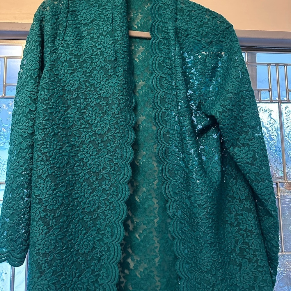 Susan Graver Teal Lace Cardigan medium